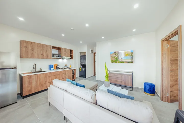 Wood cabinet kitchenette and comfortable living space